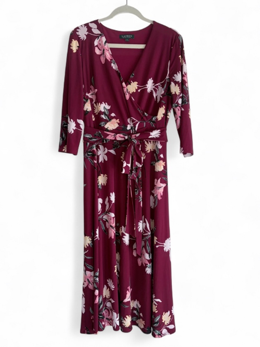 Ralph Lauren Red Floral 3/4 Sleeve V Neck Wrap Midi Dress Size 12